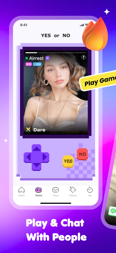 MOKA : Play & Live Stream - MOKAアプリの画面。ソーシャルマッチングと真実か挑戦かのプレイのために、はいといいえのボタンがあるレトロな携帯ゲーム機風のデザインを表示。