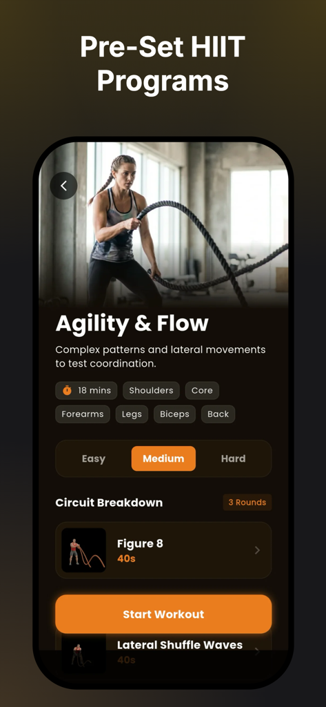 Battle Rope Workouts - Screenshot of the Agility and Flow HIIT program in the Battle Rope Workouts app showing a circuit breakdown and start button.