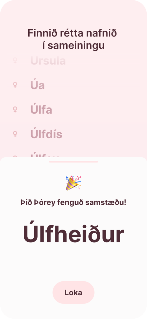 Heita - Íslensk barnanöfn - A screenshot of the Heita app displaying a successful match notification between partners for the Icelandic baby name Ulfheidur.