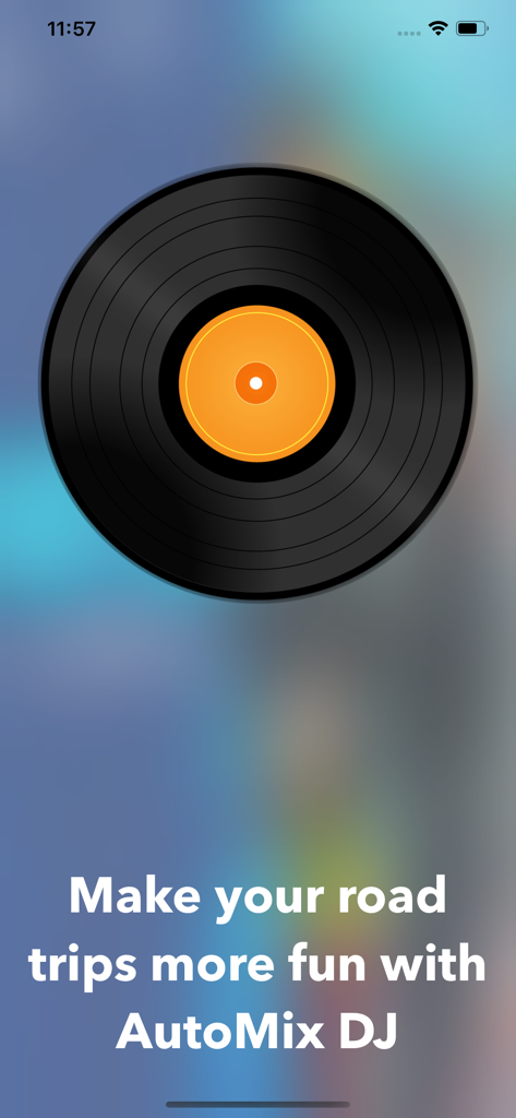 AutoMix DJ app screen featuring a vinyl record and text promoting fun road trips