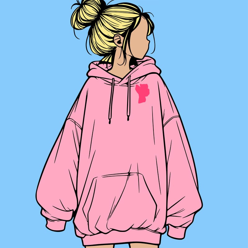 realistic girl with a oversized sweatshirt on and a bun
