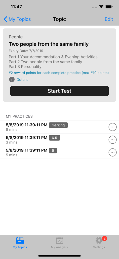 IELTSpeaking - Mobile app interface showing an IELTS speaking practice topic and a history of previous test scores.