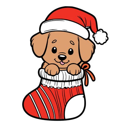 cute puppy wearing santa hat in socking
