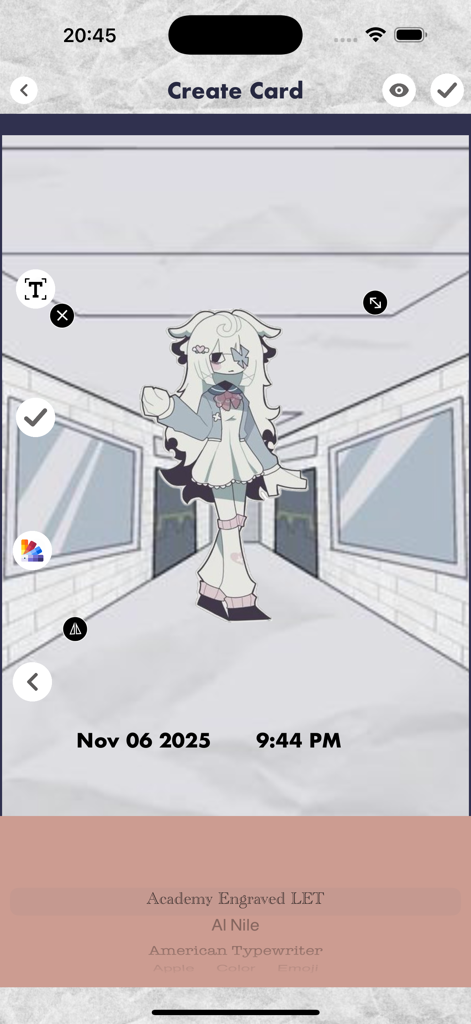 FPE OC Maker - FPE Stickers - Character creation screen in the FPE OC Maker app featuring a paper style original character in a school hallway