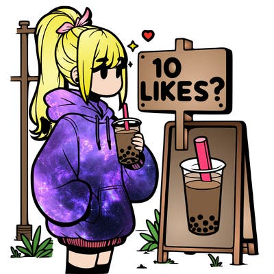 girl with oversized hoodie drinking boba and she has a high ponytail with a sign that says 10likes?