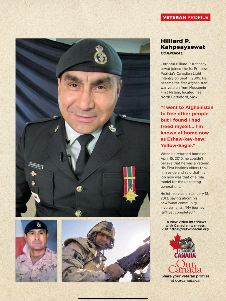 Perfil do veterano do Cabo Hilliard P. Kahpeaysewat no aplicativo Our Canada magazine