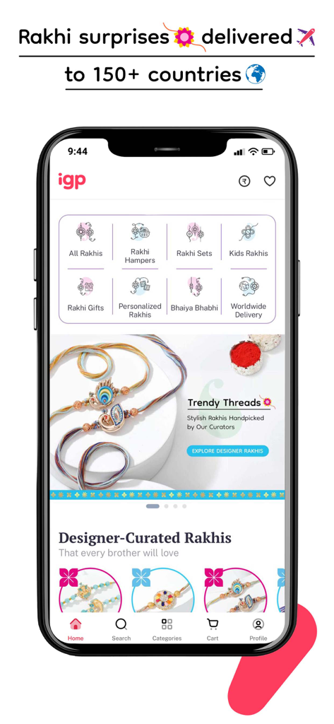 IGP app interface showing designer curated rakhis and gift hampers for worldwide delivery