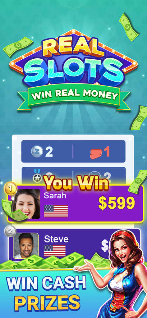 Real Slots: Win Real Money - Leaderboard in the Real Slots app showing players winning cash prizes