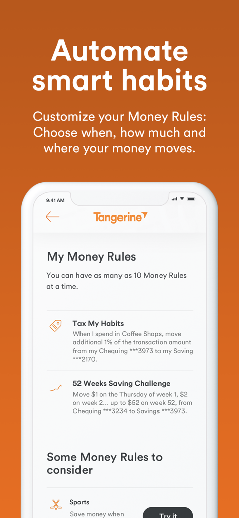 Tangerine Mobile Banking - A mobile screen from the Tangerine app showing automated money rules and saving challenges