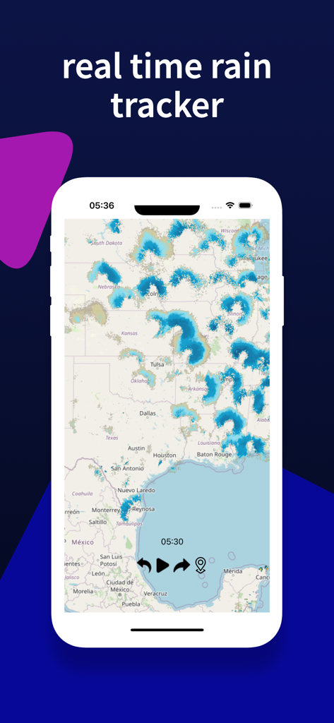 RainRadar24: Rain Monitoring - La aplicación RainRadar24 mostrando el seguimiento de lluvia en tiempo real en un mapa de Estados Unidos