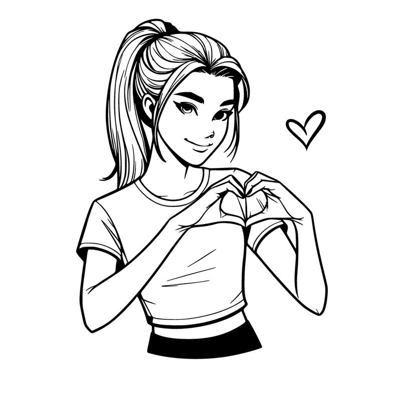 realistic girl with a ponytail and crop t-shirt doing 🫶🏻