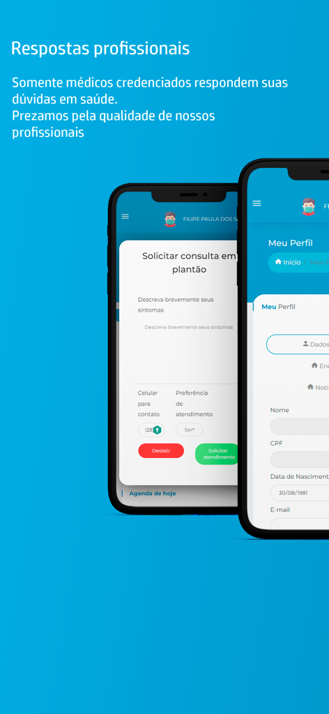 Telemedicina E-saude - Interface do aplicativo Telemedicina E-saude mostrando telas de solicitação de consulta médica e perfil do usuário