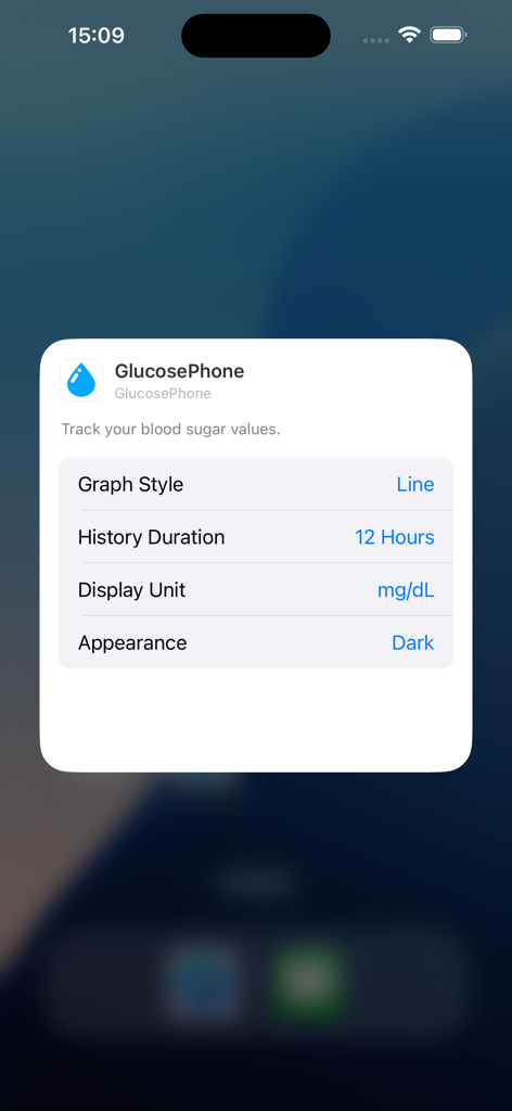 GlucosePhone - GlucosePhone app widget configuration menu for blood sugar tracking on iPhone.