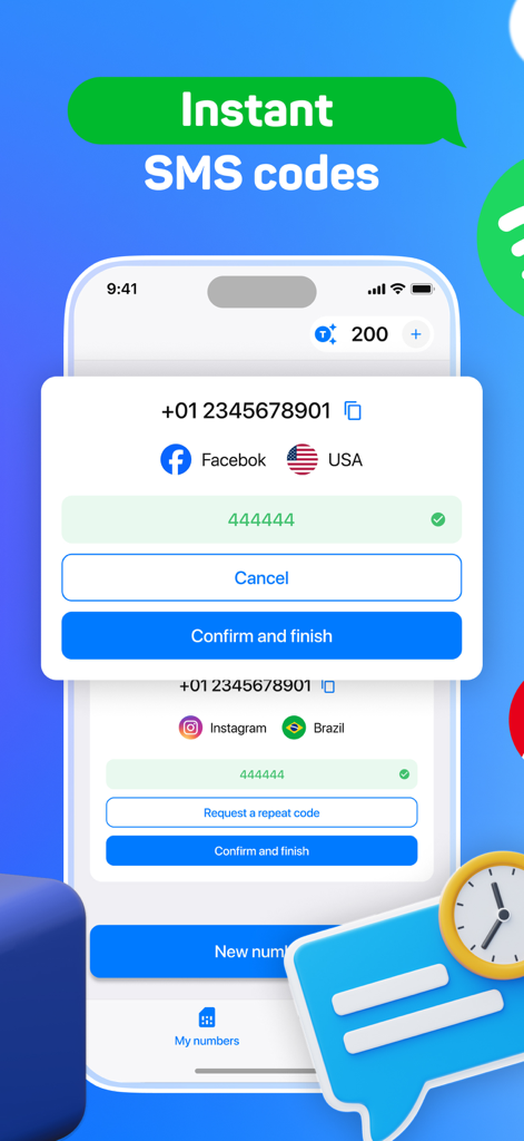 Interfaccia dell'app SMS activate che mostra un numero di telefono virtuale statunitense e un codice di verifica ricevuto per Facebook.
