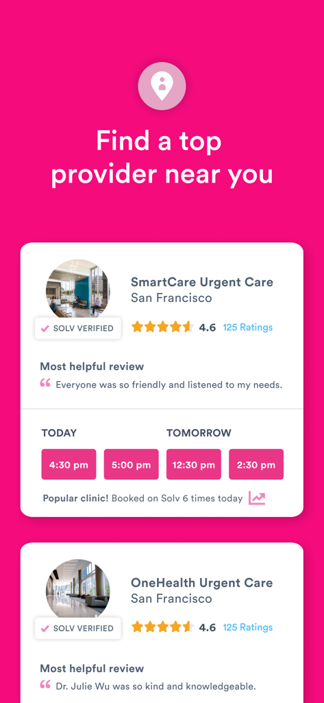 Solv app interface showing available same day urgent care appointment slots