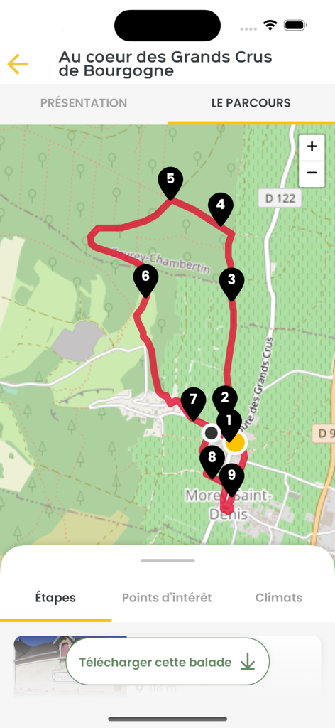 Balades en Bourgogne - Mapa de ruta de senderismo GPS a través de viñedos de Borgoña con puntos de interés numerados