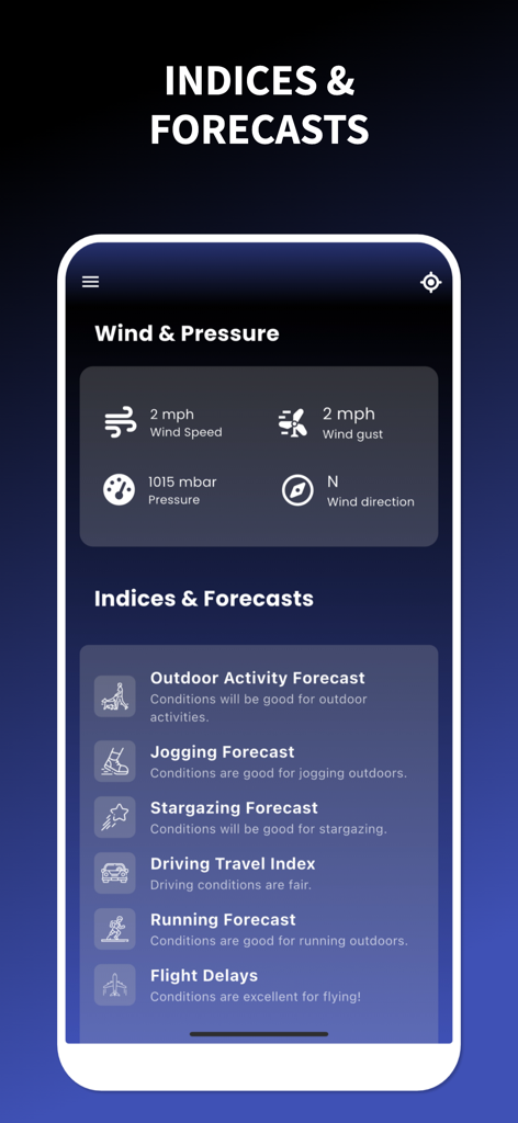 Local Weather Today: Real-Time - ジョギング、星空観察、運転のアクティビティ予報を表示する天気アプリ画面。