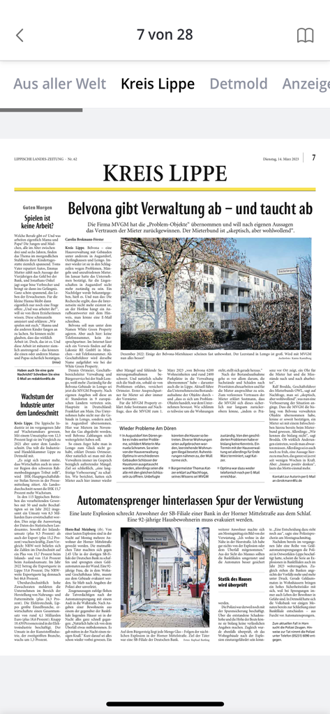 Digital newspaper layout of the LZ-ePaper app showing regional news for Kreis Lippe.