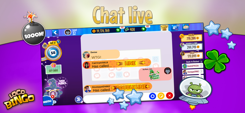 Loco Bingo & Slots Games - Live chat interface in Loco Bingo showing social interaction and bingo wins