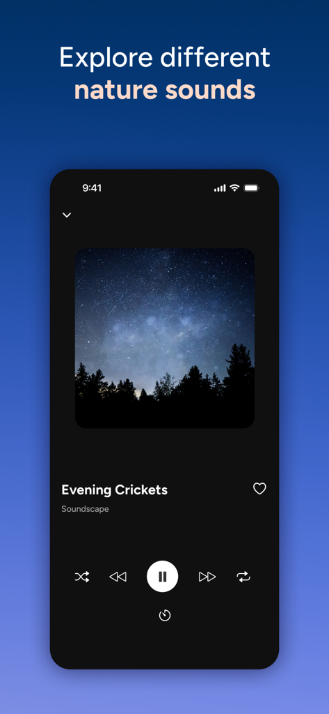 Calm Sleep - Rest & Relax - A mobile app interface from Calm Sleep showing a nature sound player for Evening Crickets with a starry night background
