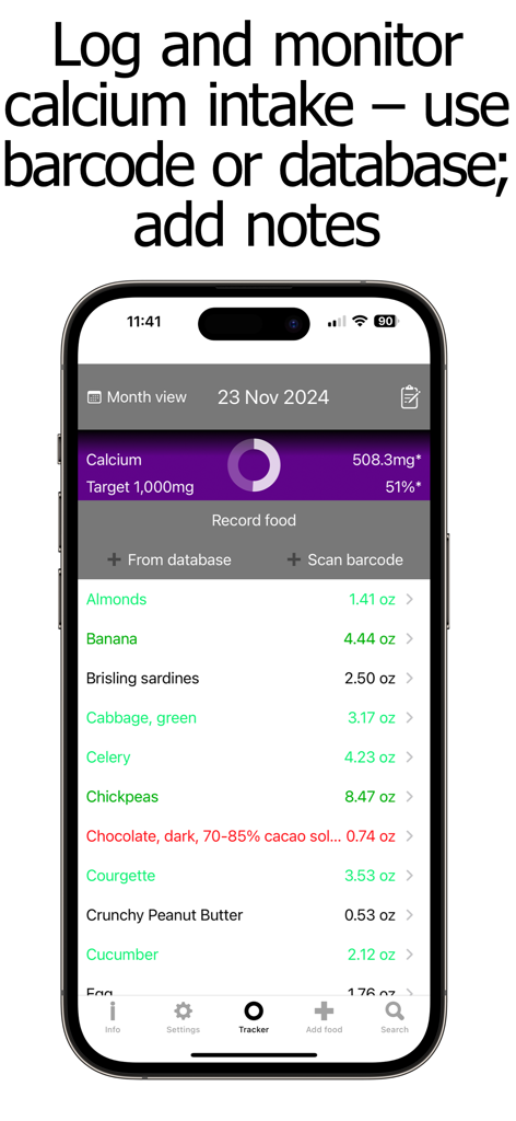 Calcium Counter and Tracker - A mobile app interface for logging calcium intake showing a daily progress ring, target goal, and a list of food items.