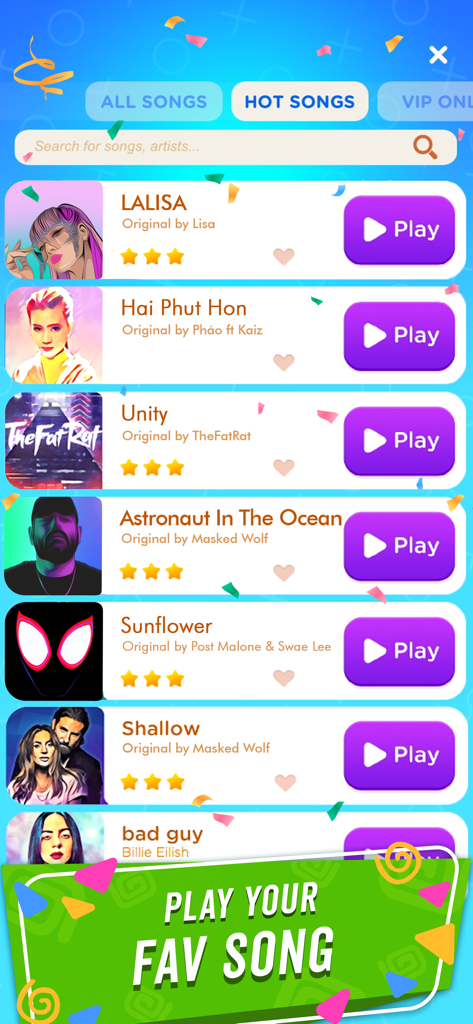Dancing Race - Dancing Race app music library showing popular TikTok songs and play buttons