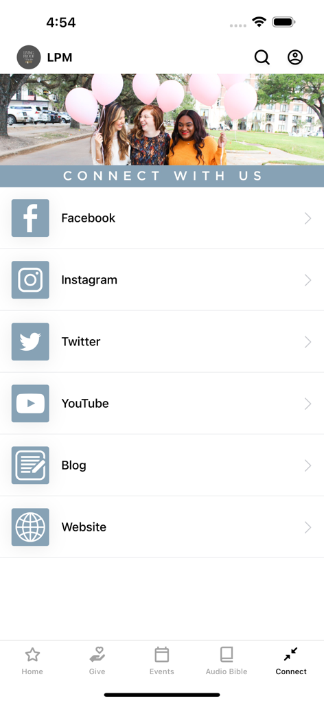 Living Proof with Beth Moore - Connect screen of the Living Proof with Beth Moore app showing links to social media platforms and the official website.