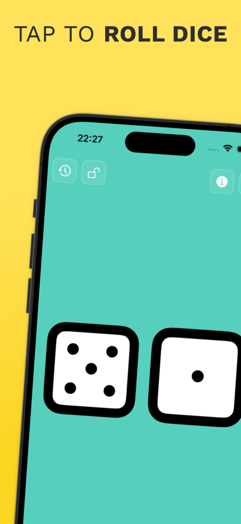 Un smartphone mostrando una app de lanzamiento de dados digital con dos dados blancos sobre un fondo turquesa