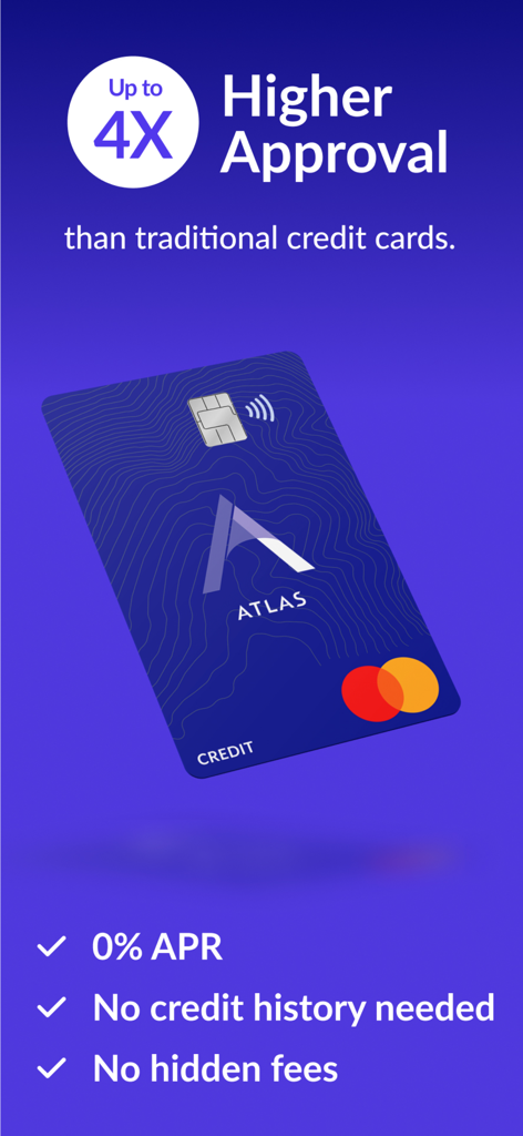 Atlas - Rewards Credit Card - Carta di credito a premi Atlas che mostra funzionalità come alti tassi di approvazione, APR zero e nessun requisito di storia creditizia