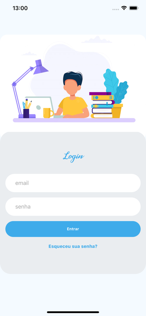 TrilhaEdu - Login screen of the TrilhaEdu educational app featuring an illustration of a student studying at a desk with books and a laptop.