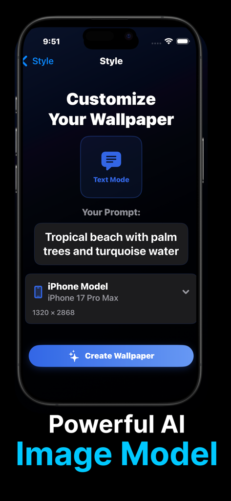 Interfaz de Wallpaper Maker 4K que muestra un aviso de texto a imagen de IA para un fondo de pantalla de playa tropical