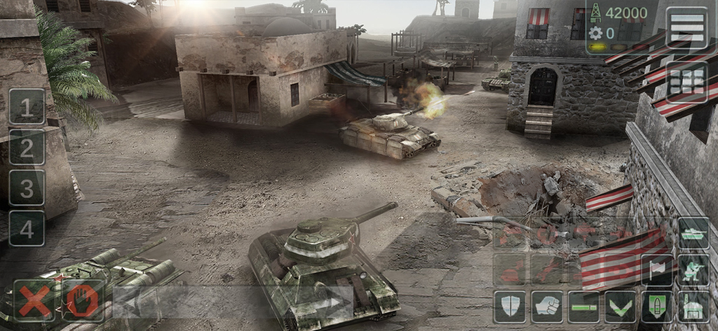 US Conflict — Tank Battles - Strategic tank battle in a ruined urban environment with tactical user interface