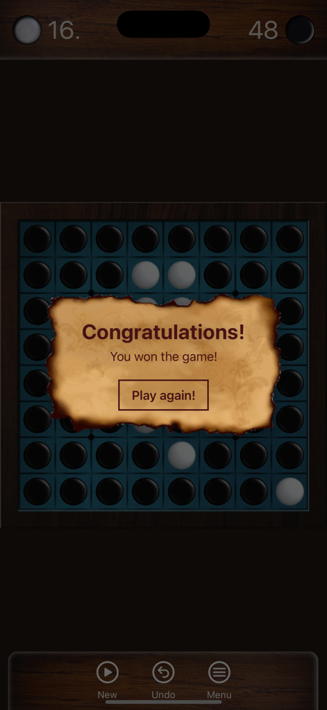 Reversi - Offline - Pantalla de victoria de felicitación en el juego de mesa Reversi mostrando un botón de volver a jugar sobre el tablero de juego