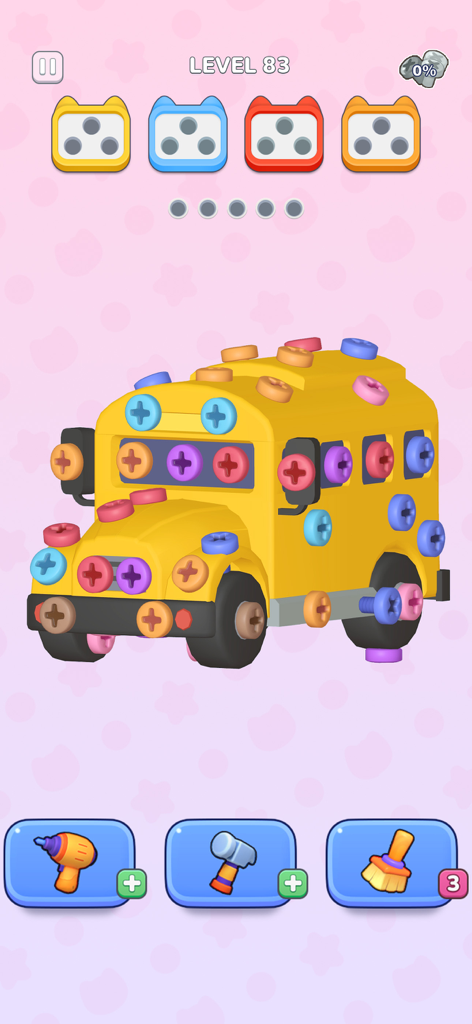 A 3D yellow school bus covered in colorful screws in the 3D Bolt Master puzzle game