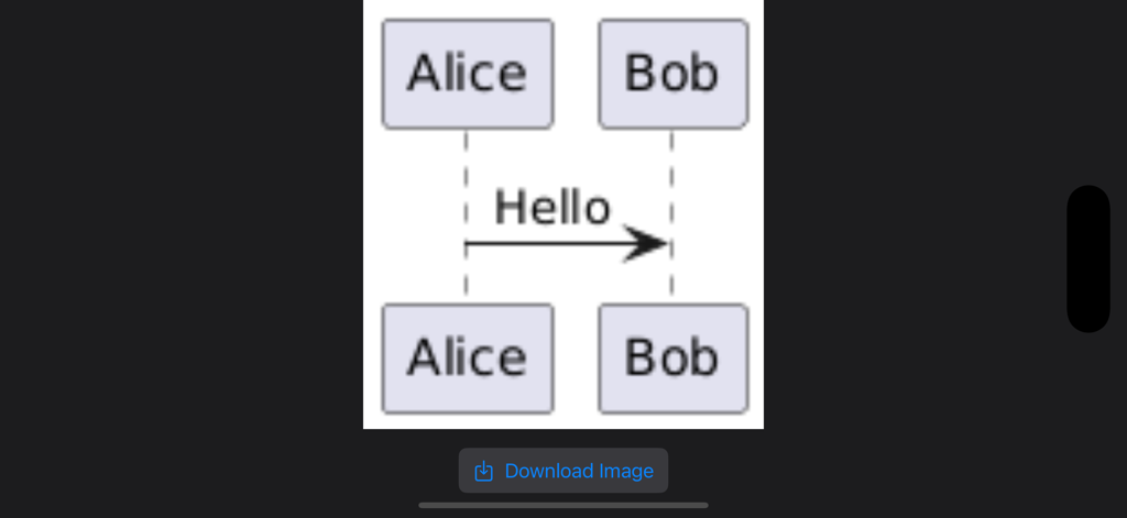 UMLite - Un diagrama de secuencia simple entre Alice y Bob renderizado en la aplicación UMLite