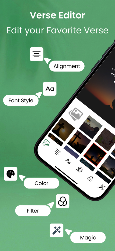 Interface para personalizar versículos bíblicos com estilos de fonte e fundos no aplicativo Bíblia para Mulher