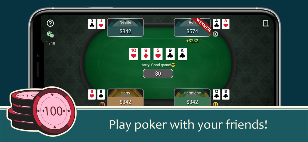 Poker Friends - Online Game - A landscape view of the Poker Friends app interface showing an active Texas Holdem game with friends and chat