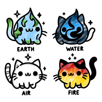 4 cats that represent the different elements, earth, water, air, and fire