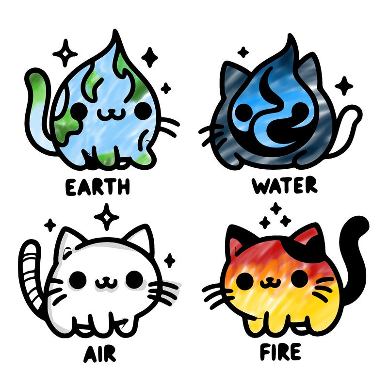 4 cats that represent the different elements, earth, water, air, and fire