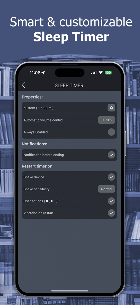 Paramètres de la minuterie de mise en veille de ListenBook Pro montrant les options de notification de contrôle du volume et de redémarrage par secousse