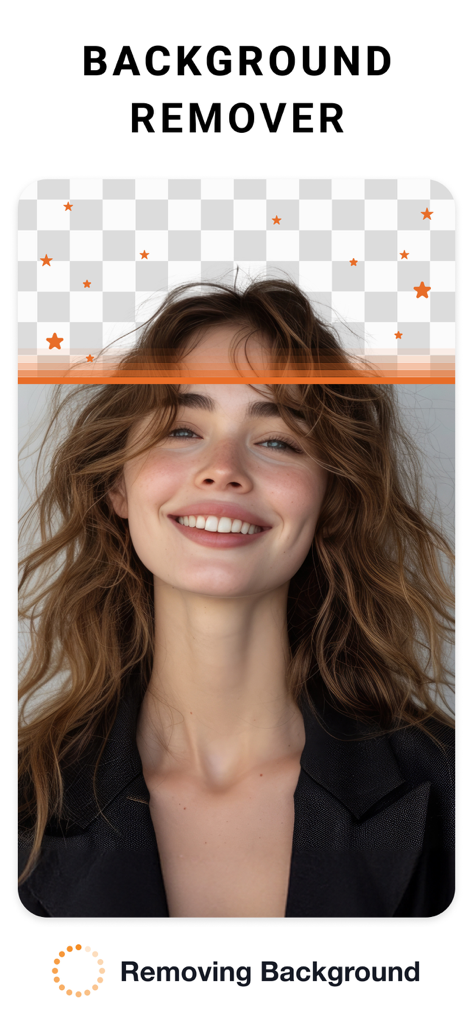 A woman portrait being edited with the background remover tool showing a transparent checkerboard pattern.