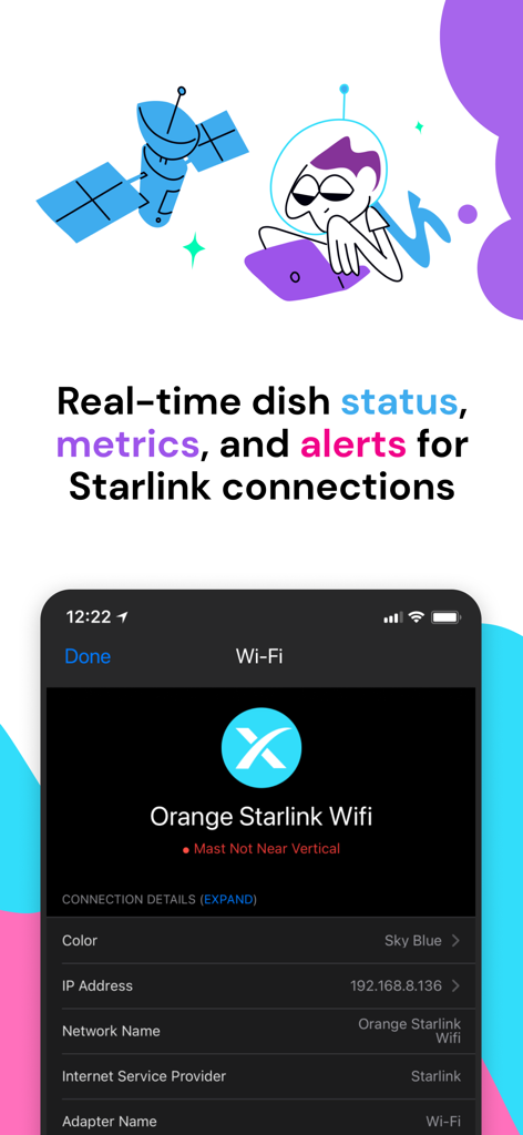 Speedify App-Oberfläche, die den Echtzeitstatus der Starlink-Schüssel und Verbindungsmetriken anzeigt