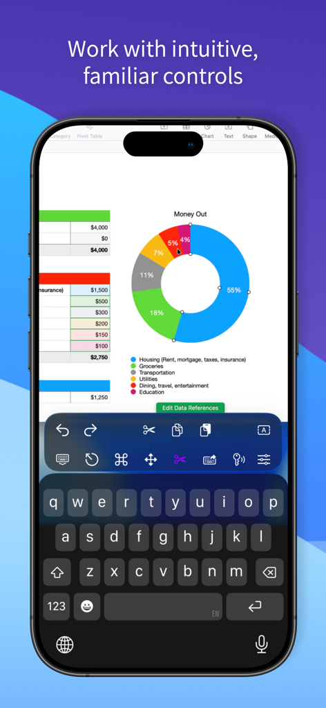 iPhone mostrando una sesión de escritorio remoto con una hoja de cálculo y controles de productividad especializados.