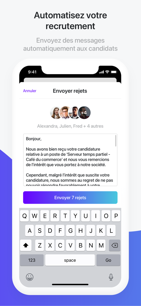 Jobstory - Interface of the Jobstory app showing a recruiter sending automated rejection messages to multiple candidates at once