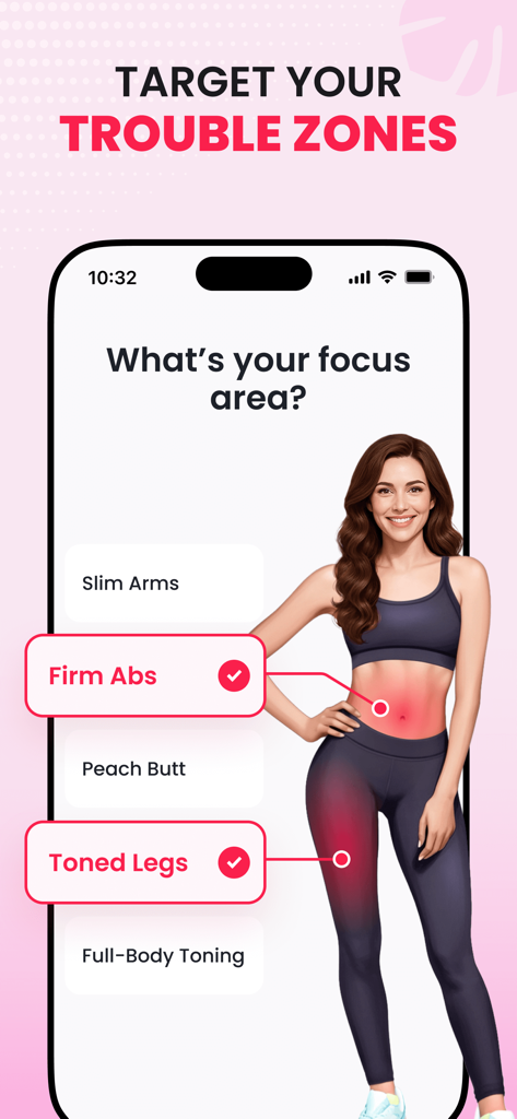 Interfaz de la aplicación ChillFit para elegir zonas de fitness objetivo como abdominales firmes y piernas tonificadas.