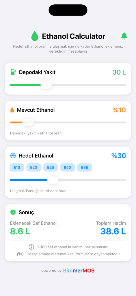 Interface of the Ethanol Calculator app showing fuel mix sliders and results for car tuning
