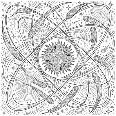 Embark on an epic cosmic journey with this detailed Comet Orbits coloring page. Watch as celestial bodies gracefully arc around a vibrant sun, waiting for your creative touch to bring the universe to life.