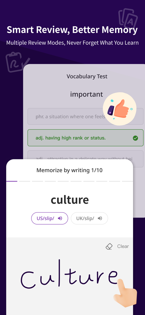 VoiceTube - Learn English - Interface of VoiceTube app showing vocabulary test and handwriting practice for English memorization.