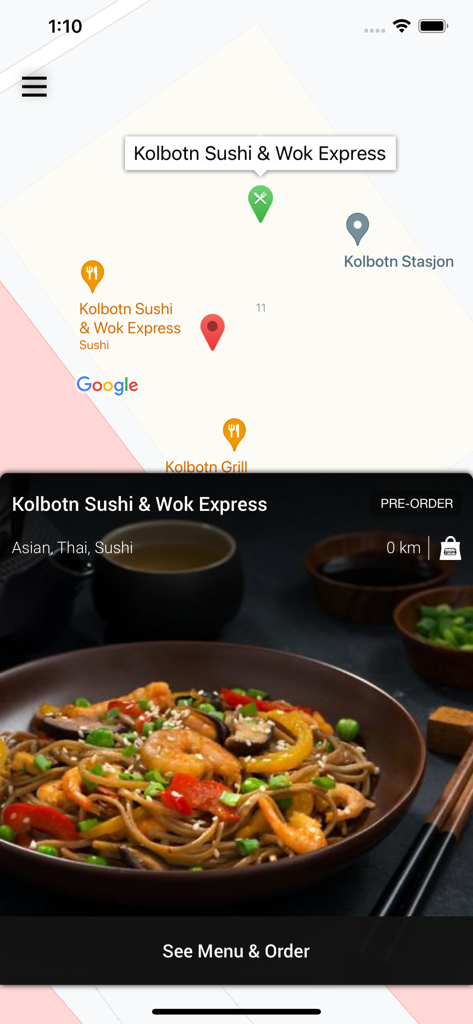 Mobile app interface for Kolbotn Sushi and Wok Express showing the restaurant location on a map and a featured bowl of noodles with shrimp