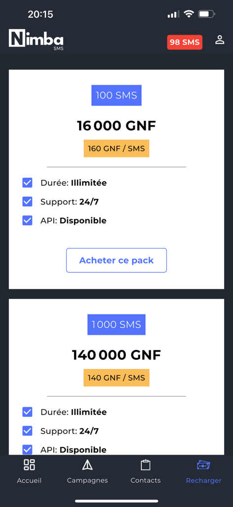 Nimba SMS - Nimba SMS app recharge screen showing different SMS credit packages with pricing and features